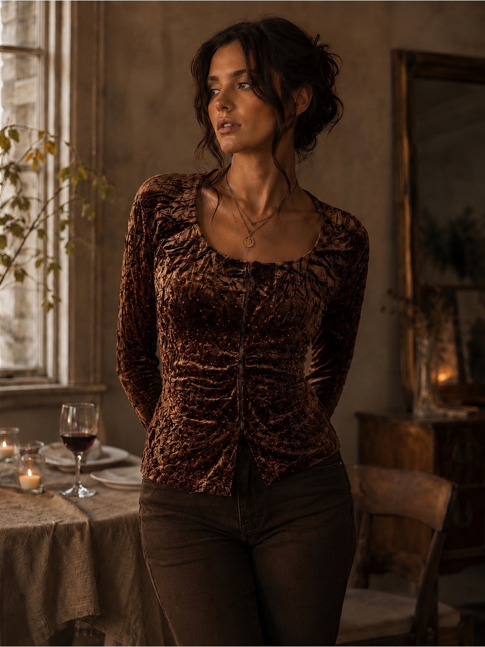 Artistic Vintage Crushed Velvet Sequin Top Copper Ruched Glam Zip Blouse Size 8